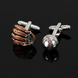 Detail of silver baseball and glove cufflinks with red stitching on a black mirror surface