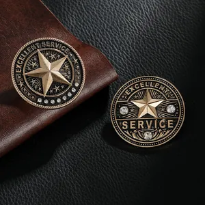 Detailed macro of vintage bronze medals featuring Excellent Service text and crystals