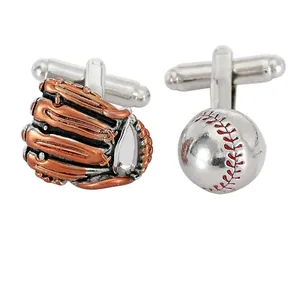 Silver and copper baseball glove and ball cufflinks set with detailed red stitching