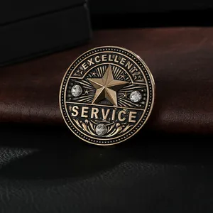 Macro view of vintage bronze Excellent Service medal with a 3D star and crystal inlay