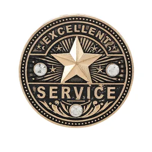 Golden excellent service award medal with five-point star and crystal rhinestones