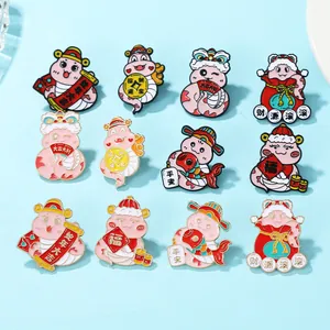 Detailed set of twelve cartoon snake enamel pins with festive Chinese New Year elements
