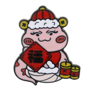 Cute pink cartoon snake enamel pin with Chinese New Year festive luck symbols