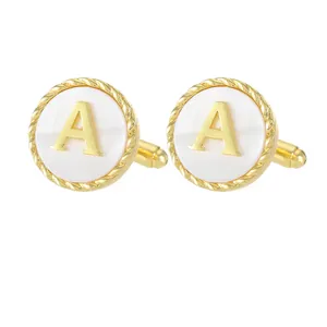 Golden round letter A cufflinks with braided edge and white shell inlay for French shirts