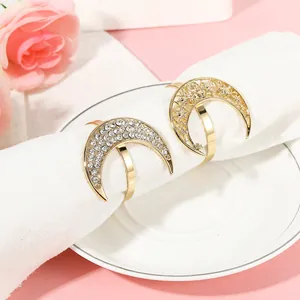 Golden moon napkin rings with rhinestones and hollow patterns for festive table decor