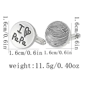 Silver cufflinks with I Love PaPa engraving and fingerprint design for men shirts