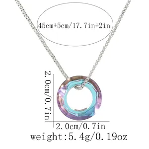 Detail view of iridescent crystal ring necklace with chain length and size dimensions