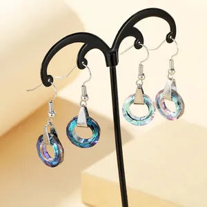 Rainbow crystal hoop earrings with silver hooks in blue-purple and pink hues
