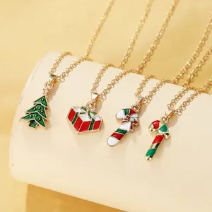Weihnachten Legierung Emaille Anhänger Halskette Vergoldet Strass Zuckerstange Weihnachtsbaum Geschenkbox Halskette Für Damen Kinder Schmuck