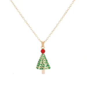 Christmas tree pendant necklace with green enamel and red crystal on gold chain