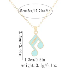 Minimalist musical note necklace with blue enamel pendant and size specifications