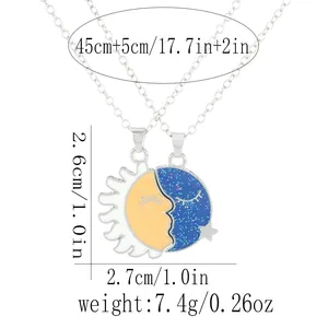 Detail showing sun and moon friendship pendants with precise dimensions and weight specs
