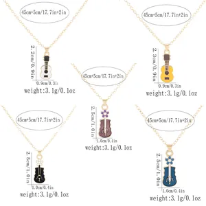 Retro colorful music guitar pendant necklaces in five assorted alloy finish colors