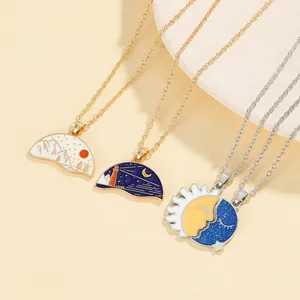 Cute cartoon enamel sun and moon necklaces featuring landscape and cat landscape motifs