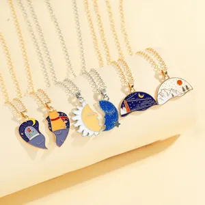 Cartoon sun moon and cat enamel puzzle necklaces set for couples in gold and silver finish