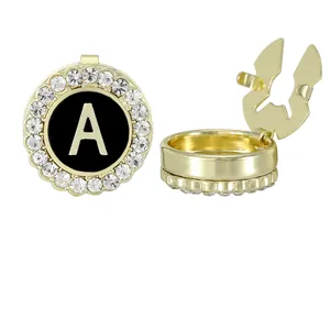 Gold plated initial A cufflinks for men with black enamel and sparkling rhinestones