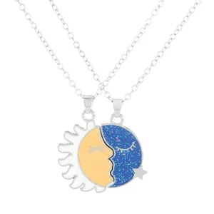 Matching sun and moon puzzle necklaces with glitter enamel and personified faces