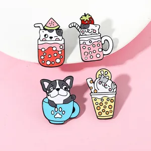 Détails de quatre broches en émail mignonnes avec chats, chiens et thé aux perles coloré