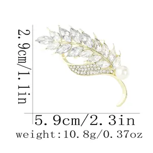 Elegant gold wheat leaf brooch with marquise rhinestones and pearl pendant, 5.9cm wide