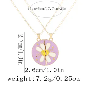 Passende lila Gänseblümchen-Herz-Puzzlekette für Paare mit LOVE YOU Gravur