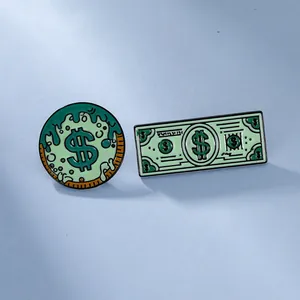 Macro detail of enamel pins featuring dollar sign designs in green money style