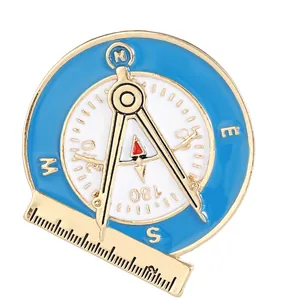 Retro compass enamel brooch with nautical tools design in blue and gold alloy