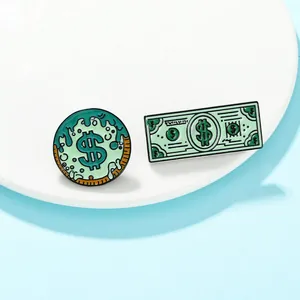 Detail showing two enamel pins with mint green dollar sign coin and rectangle banknote