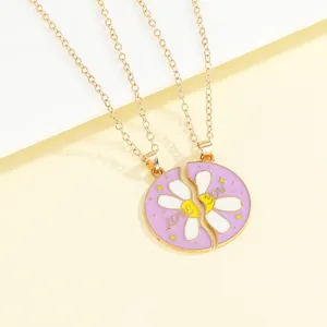Damen Herren Partner Bestie Lila Gänseblümchen Emaille Puzzle Herz Anhänger Halsketten Love You Buchstabe Legierung Goldkette Schmuck Geschenk