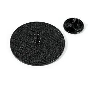 Black enamel round lapel pin back featuring honeycomb texture and butterfly clasp closure