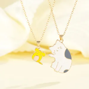 Cute Cartoon Cat and Mouse Splicing Necklace Set Gold Plated Alloy Enamel Pendant Matching Couple Jewelry for Best Friends