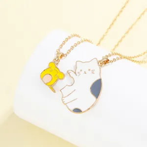Cute cartoon cat and mouse enamel couple pendant necklace set in golden finish