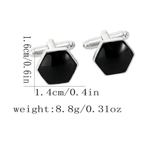 Polished hexagonal silver and black cufflinks for men with T-bar back and dimensions