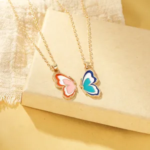 Colorful butterfly wing puzzle necklace set for best friends with golden chain