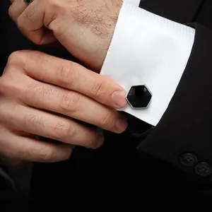 Elegant geometric hexagonal silver and black cufflinks for men French shirt accessory