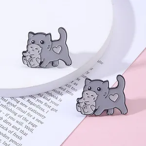 Broche en Alliage Chat et Chaton Dessin Animé Épinglette Émaillée Badge Cœur Animal Bijoux pour Femmes Hommes Enfants