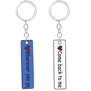 Detail of blue and white rectangle keychains with Wherever you go Come back to me text