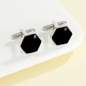Men's Hexagonal Business Cufflinks Black Polished Surface Silver Tone Alloy Formal Shirt Accessories Jewelry Gift