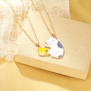 Cute gold-plated cat and mouse couple necklaces with colorful enamel pendants