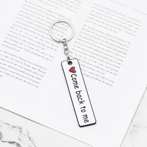 Rectangular stainless steel keychain with 'Come back to me' text and a red heart icon