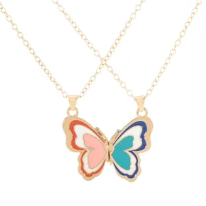 Fashionable golden butterfly pendant necklaces with colorful split wings for best friends