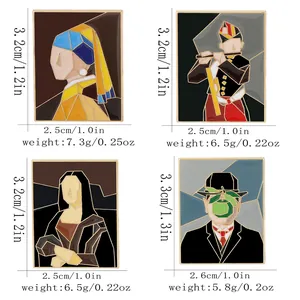 Detail view of abstract world-famous painting enamel pins with size and weight specs