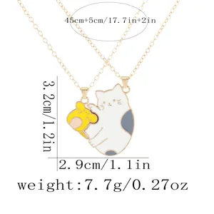 Matching cat couple necklace set in gold finish with cute enamel pendant charms