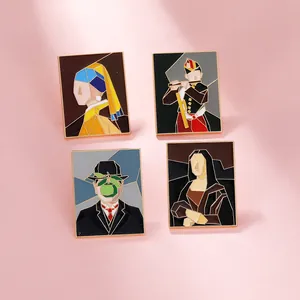 Artistic enamel pins featuring classic world paintings with geometric gold metal borders
