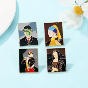 Detailed set of four artistic enamel pins featuring geometric famous oil painting designs