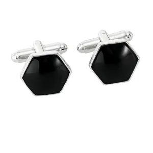 Pair of elegant silver hexagonal cufflinks with polished black inlay for men's shirts