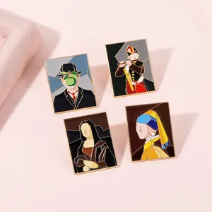 Detailed view of four artistic enamel pins inspired by world-famous classic paintings