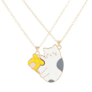 Cute enamel cat and mouse puzzle necklace set in gold finish for couples and friends