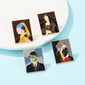 Detailed view of four artistic enamel pins inspired by world famous abstract oil paintings