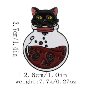 Detailed size view of black cat potion bottle enamel pin with rose base dimensions