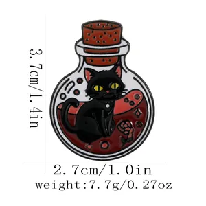 Cartoon black cat potion bottle enamel pin with red rose and dimension details